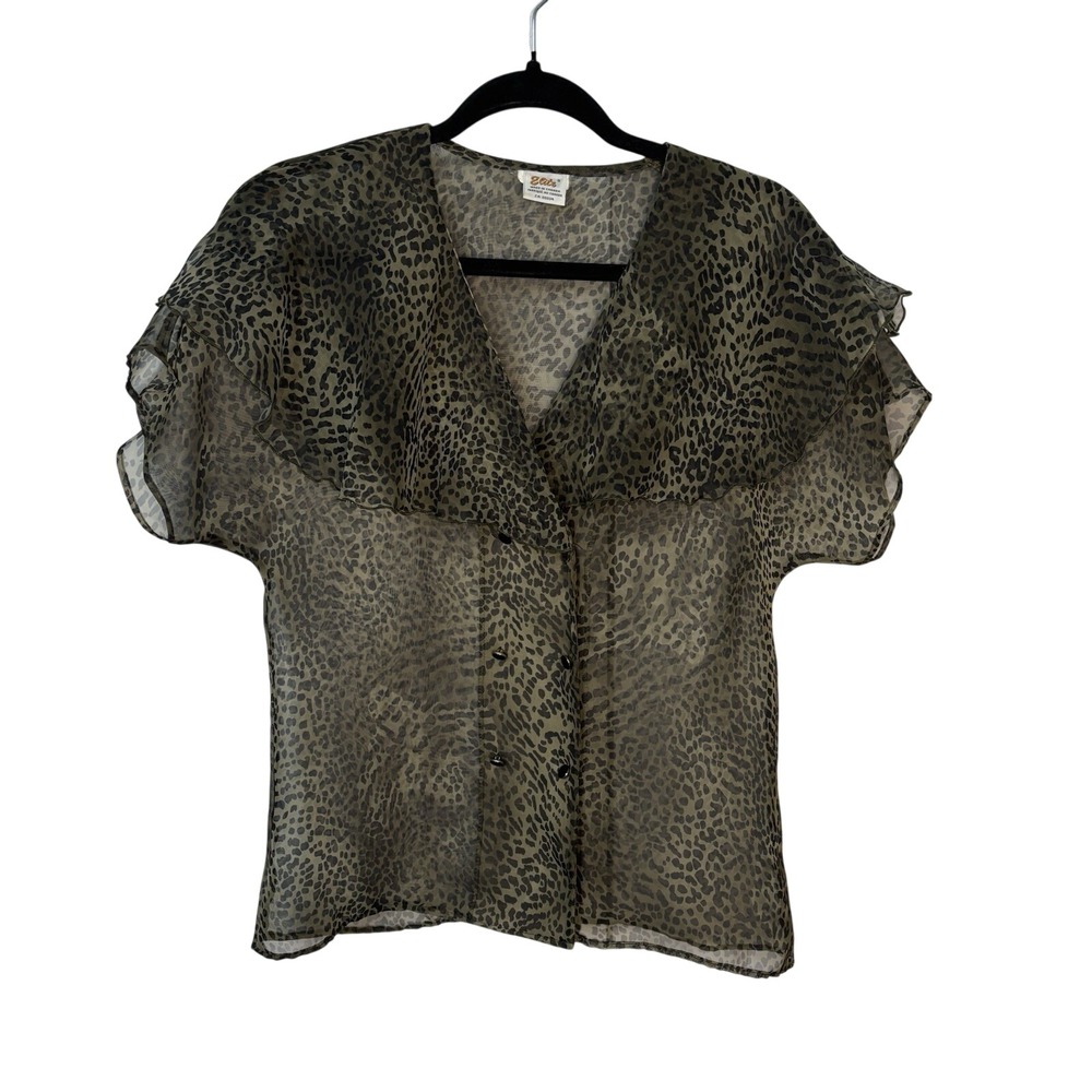 Vintage Elite Leopard Print Sheer Ruffle Collar Blouse Olive Green Size 8 90s